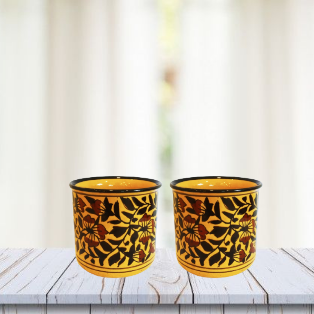 Exotic Green Mughal Floral Art Hand-Painted Ceramic Pottery Yellow & Brown Pot I Ceramic Pot for Live Plants I (Combo Pack Set of 2)