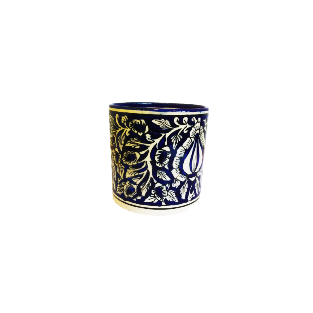 Exotic Green Mughal Floral Art Hand painted Blue Colour Ceramic Planter/ Pot for Live Plants