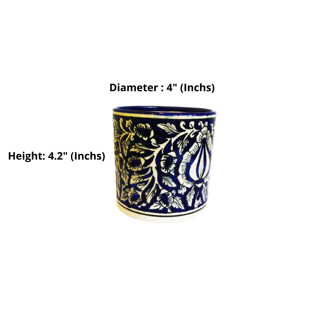 Exotic Green Mughal Floral Art Hand-Painted Blue Colour Ceramic Pot I Pot for Live Plants I Combo Pack Set of 2